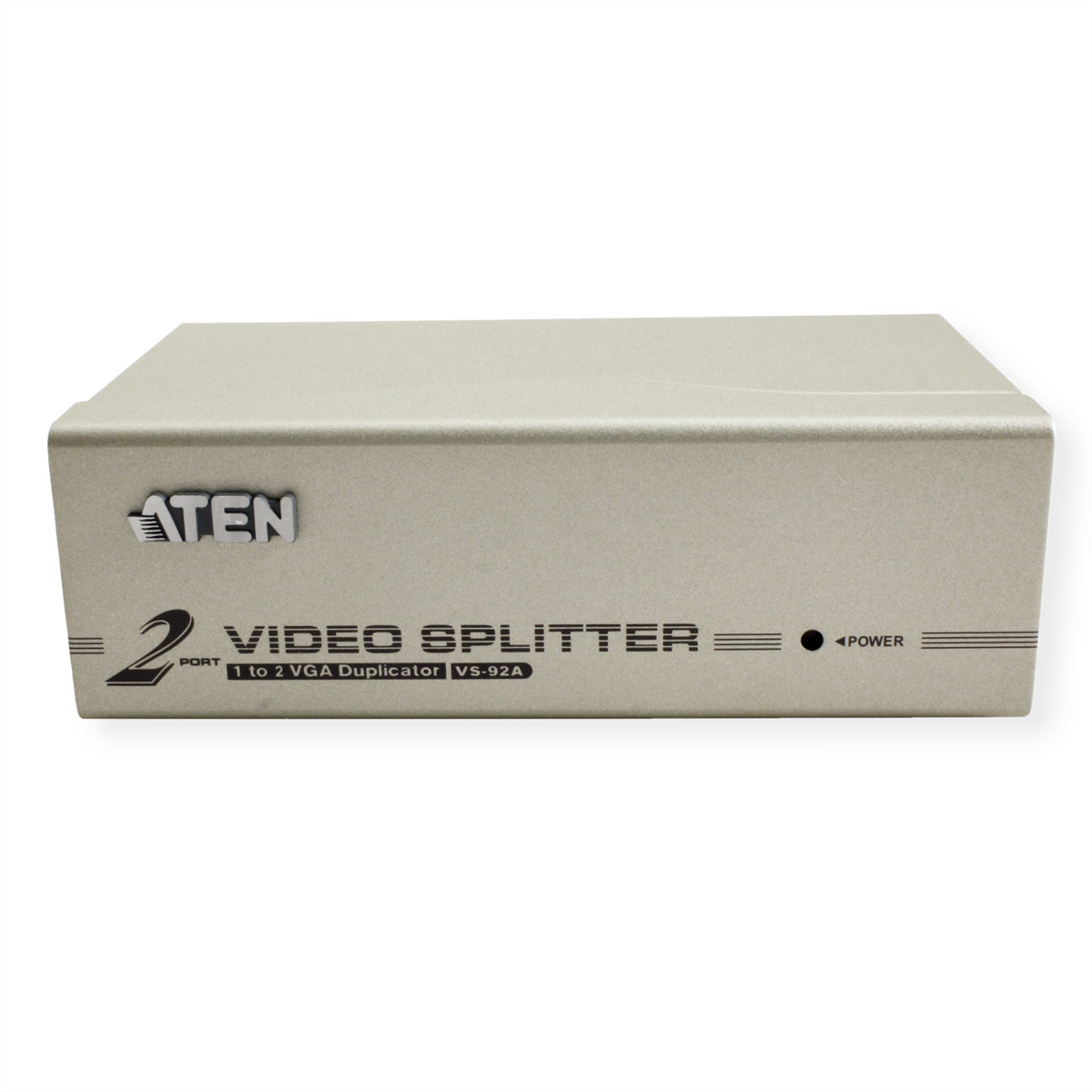 Silver rectangular ATEN video splitter, with power indicator and 2 ports.