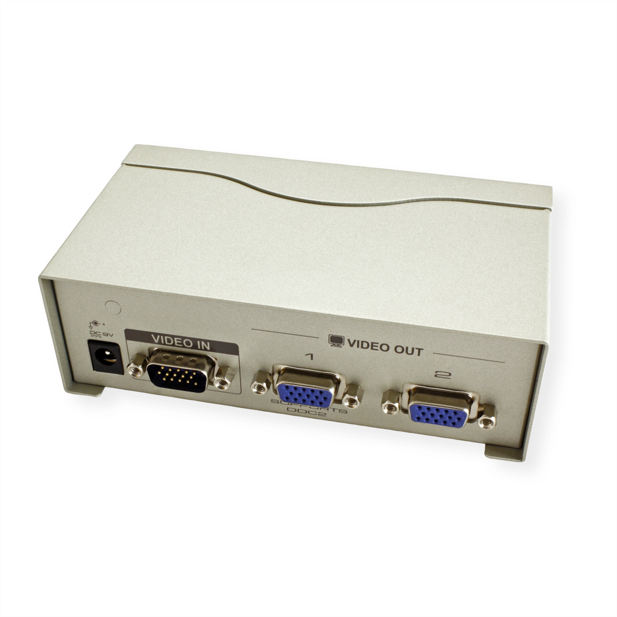 A silver box with Video In and Video Out ports.