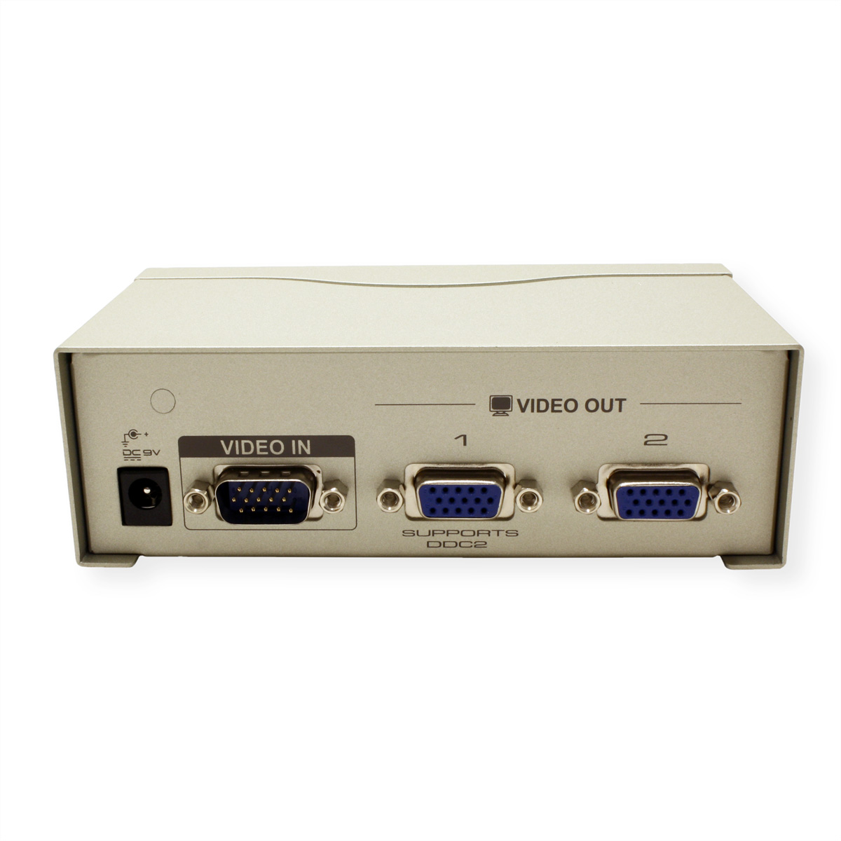 Silver video converter with video in and out ports. Includes power input and two VGA ports.