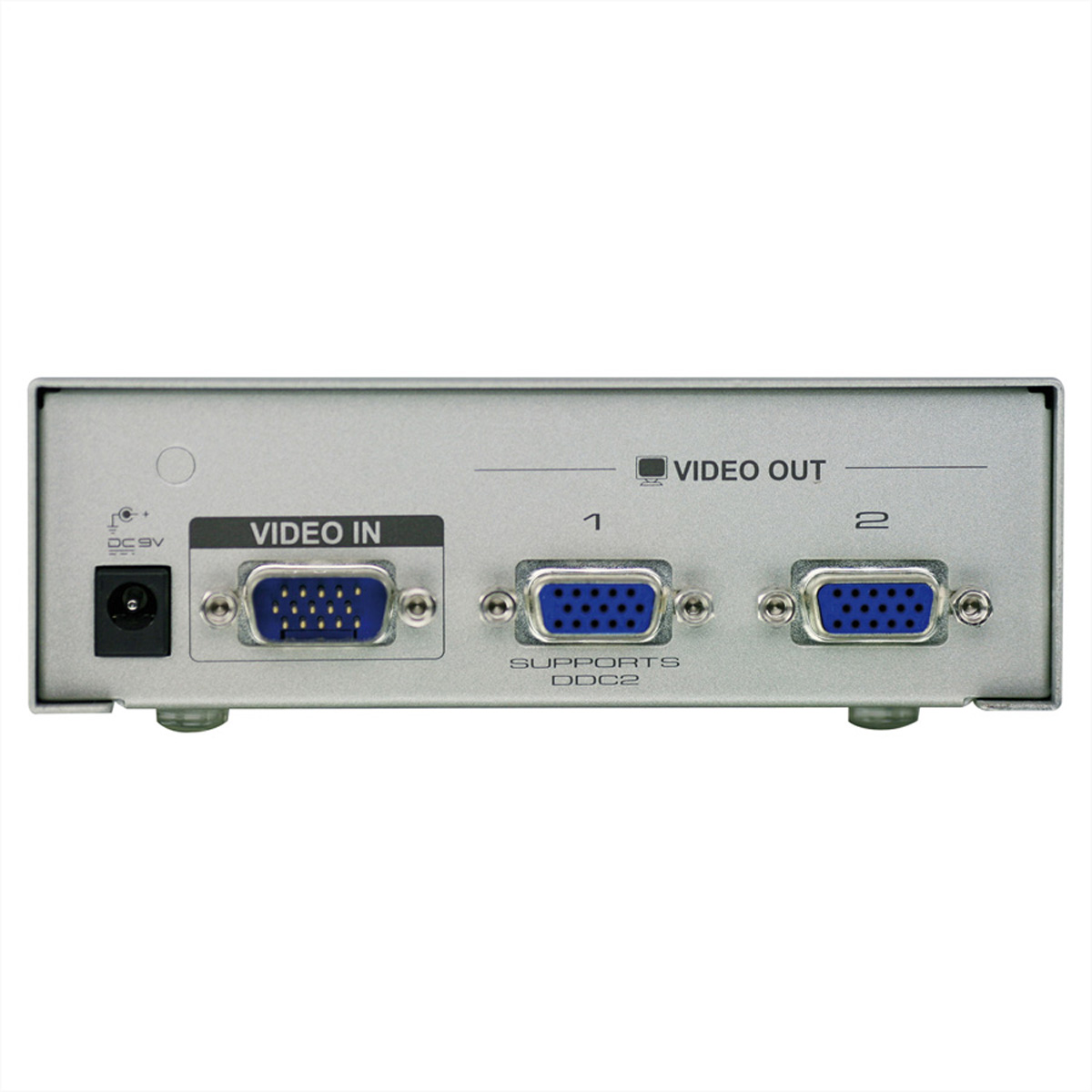 Silver video splitter. Has multiple input and output ports. White background.