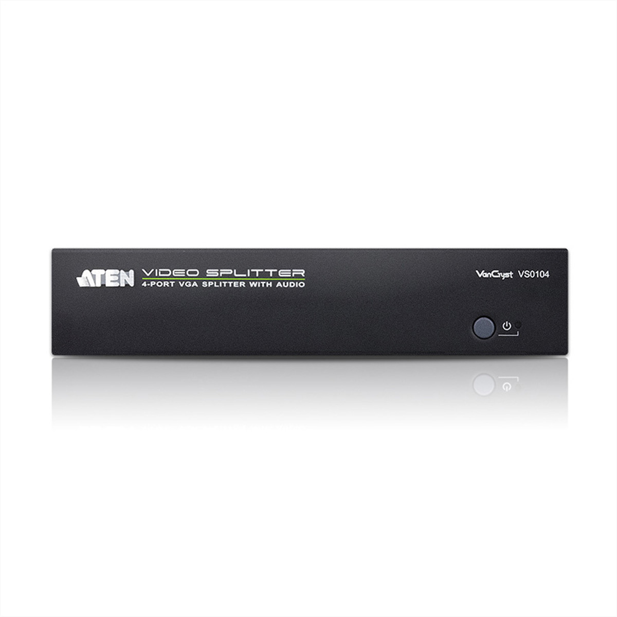 Black video splitter with white background, showing the ATEN brand and product info.