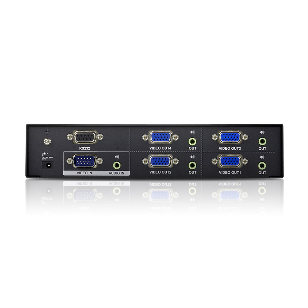 Rear view of a black video switch with multiple VGA ports and an audio input.