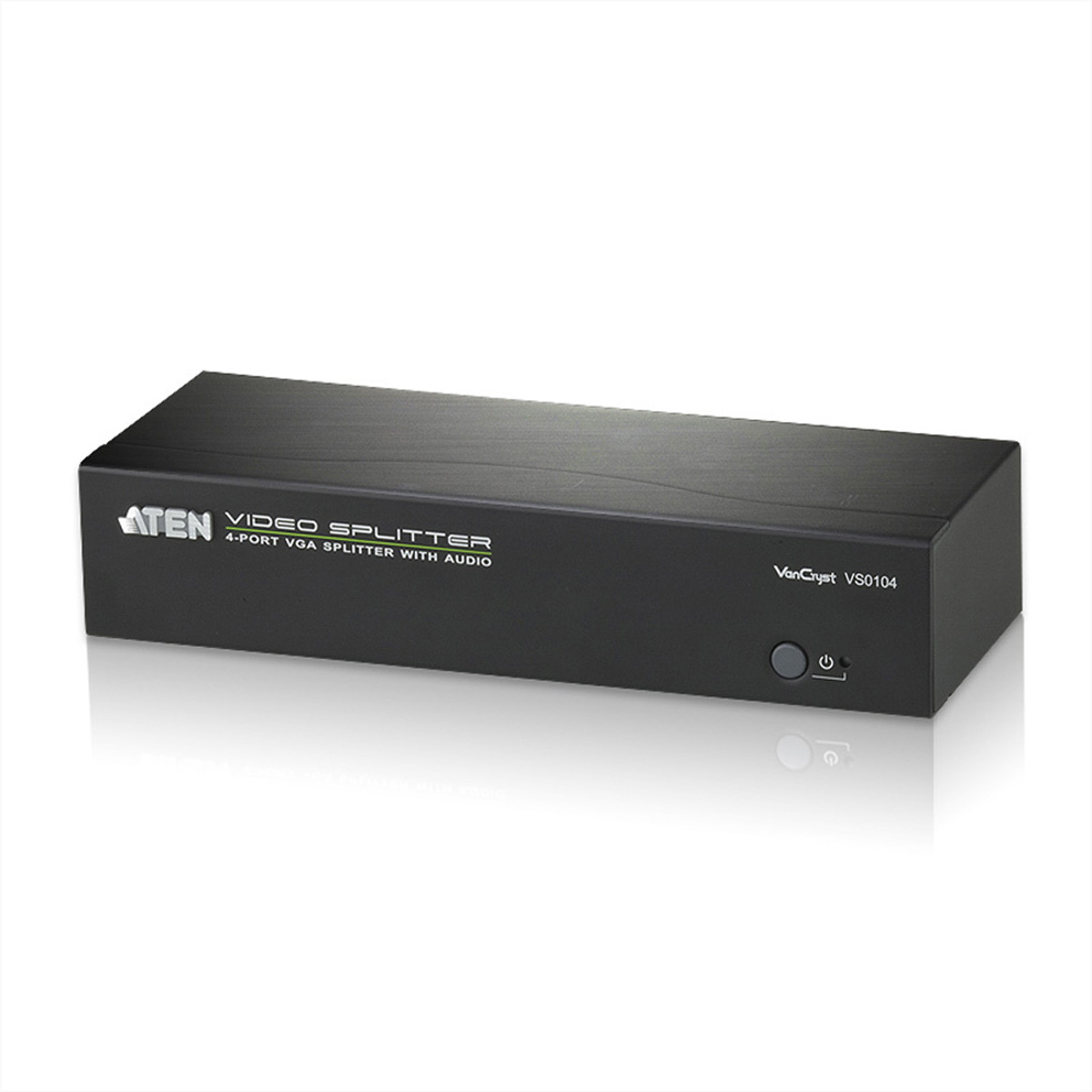 Black ATEN video splitter with power button and a label. White background.