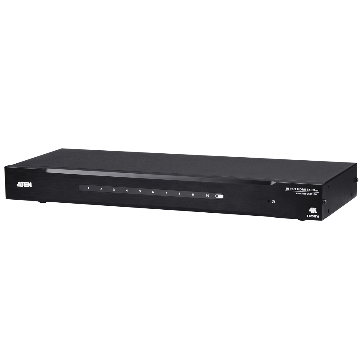 Splitter HDMI nero su sfondo bianco. Ci sono dieci porte di uscita.