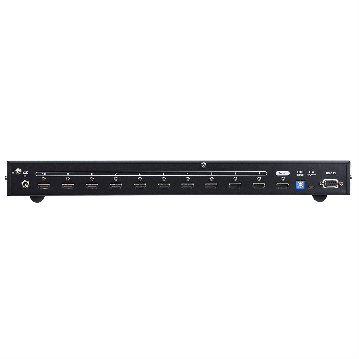 Uno switcher HDMI nero con più porte di ingresso e alcune porte di uscita.