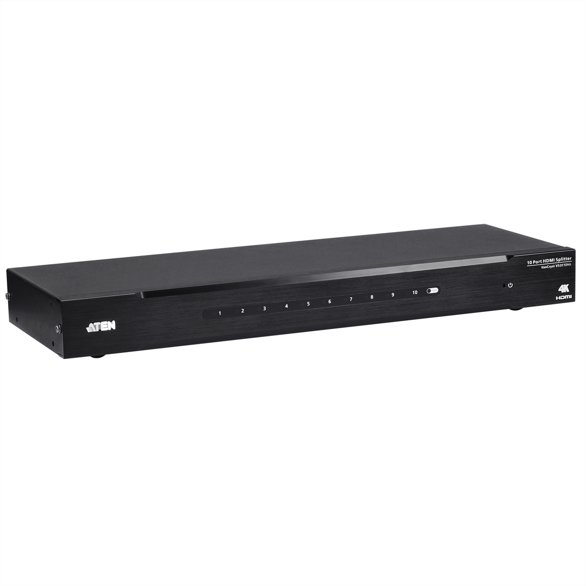 Uno splitter HDMI nero. Ha 10 porte. Sfondo bianco.