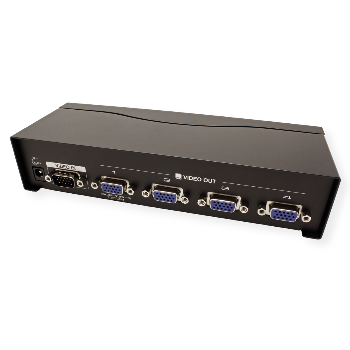Black video splitter with multiple ports. Supports VGA connections, and is on a white background.
