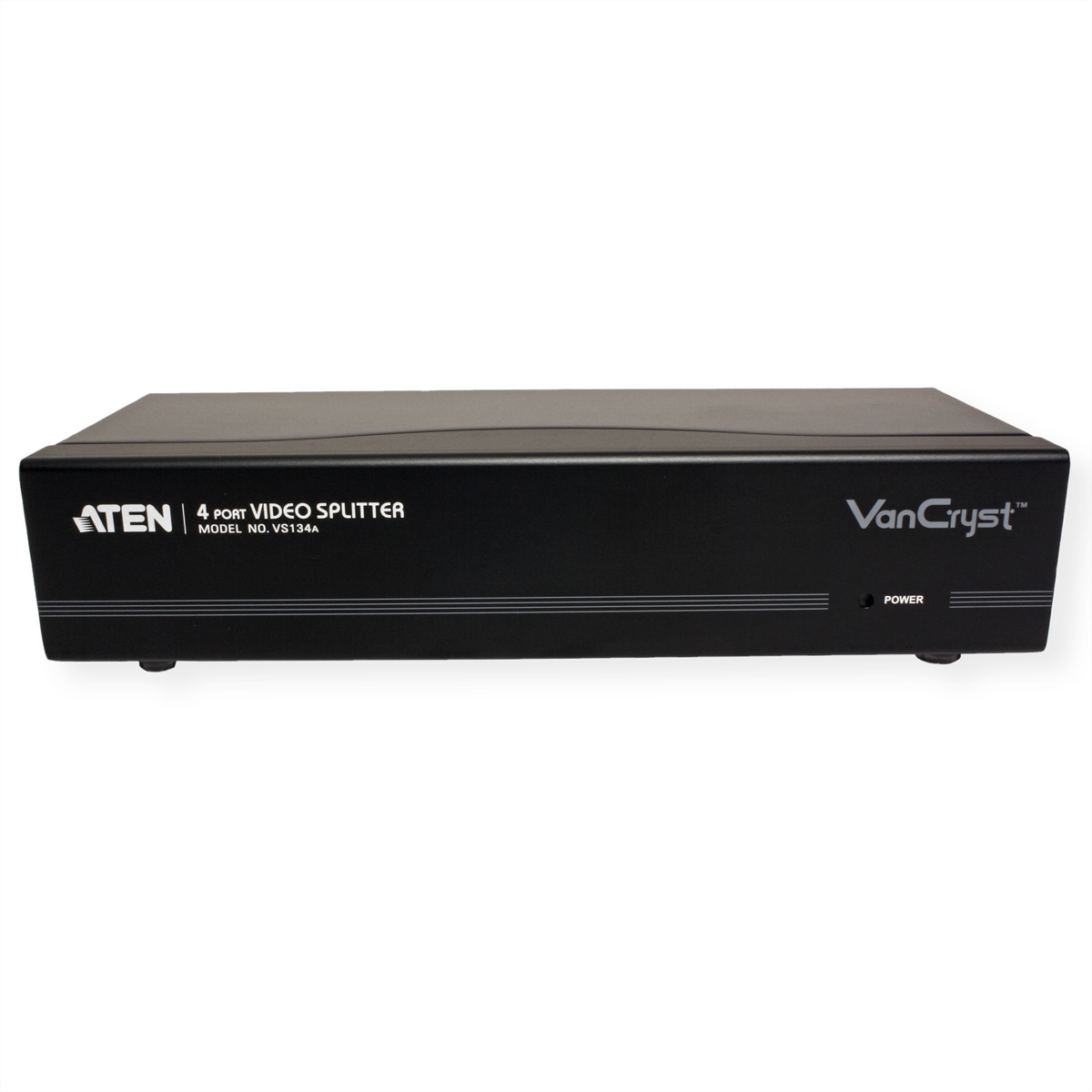 Black video splitter with ATEN logo and '4-PORT VIDEO SPLITTER' text. White background.