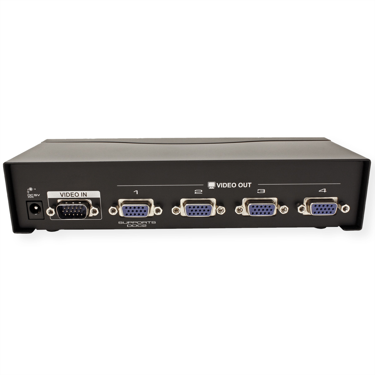 Black video splitter with multiple VGA ports labeled 'Video In' and 'Video Out'.