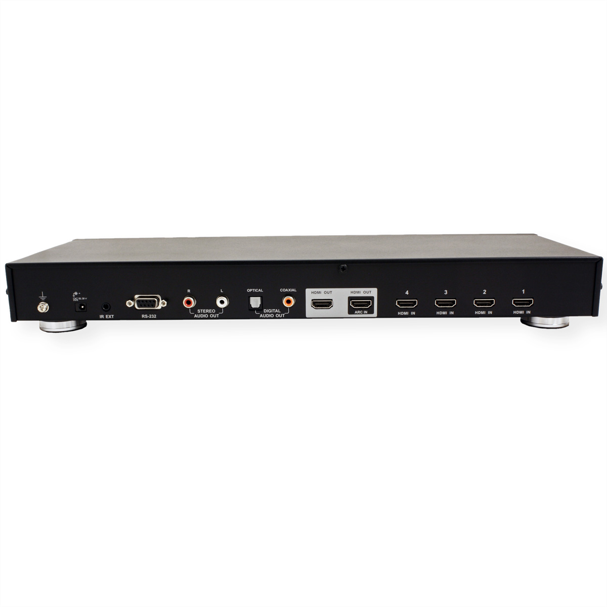 Black device back panel with various ports and connectors, isolated on white.