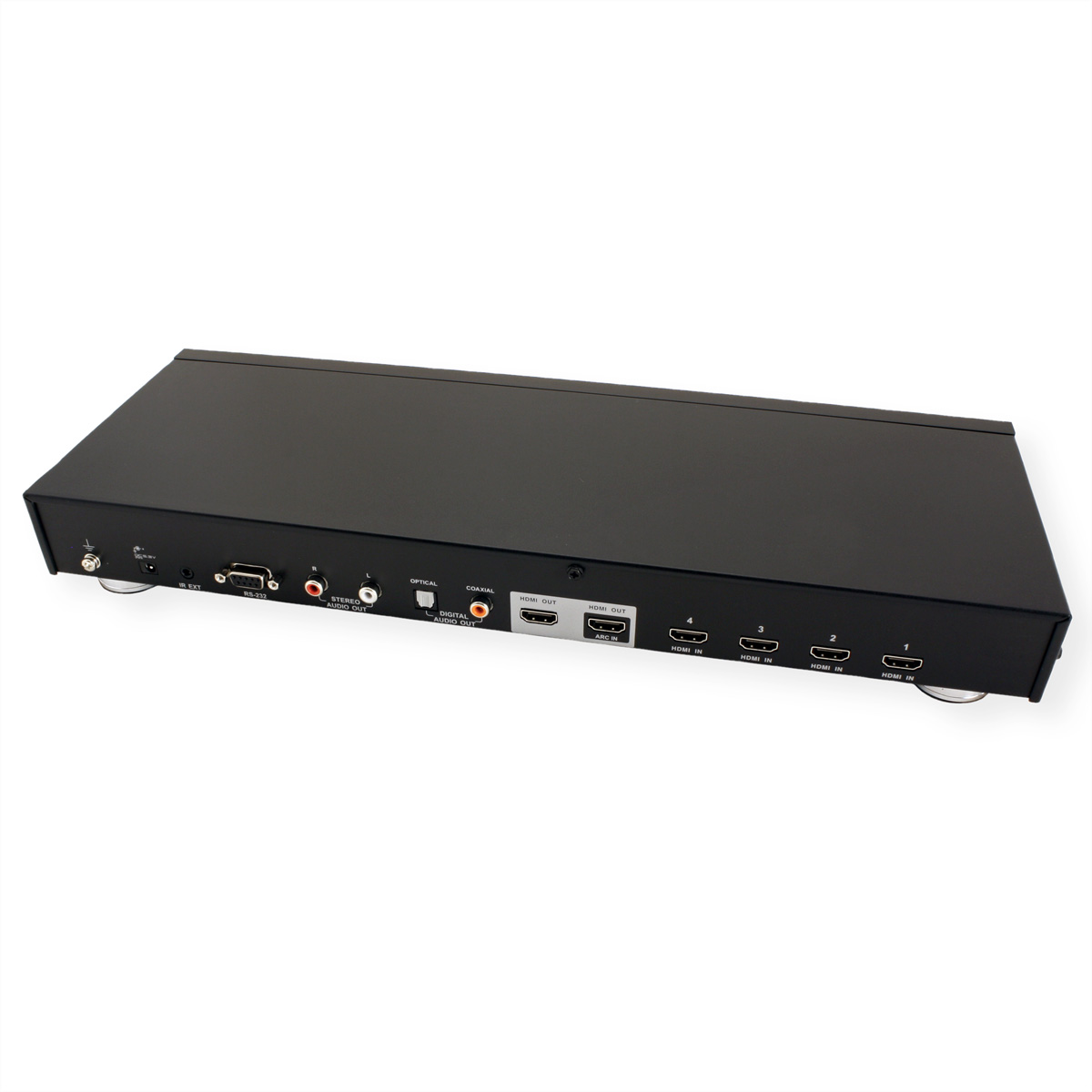 A black displayport splitter with multiple ports on a white background.