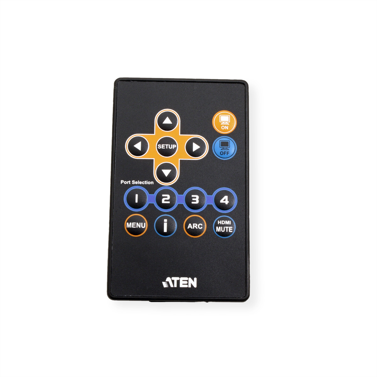 A black remote control with multiple buttons. The ATEN logo is at the bottom.