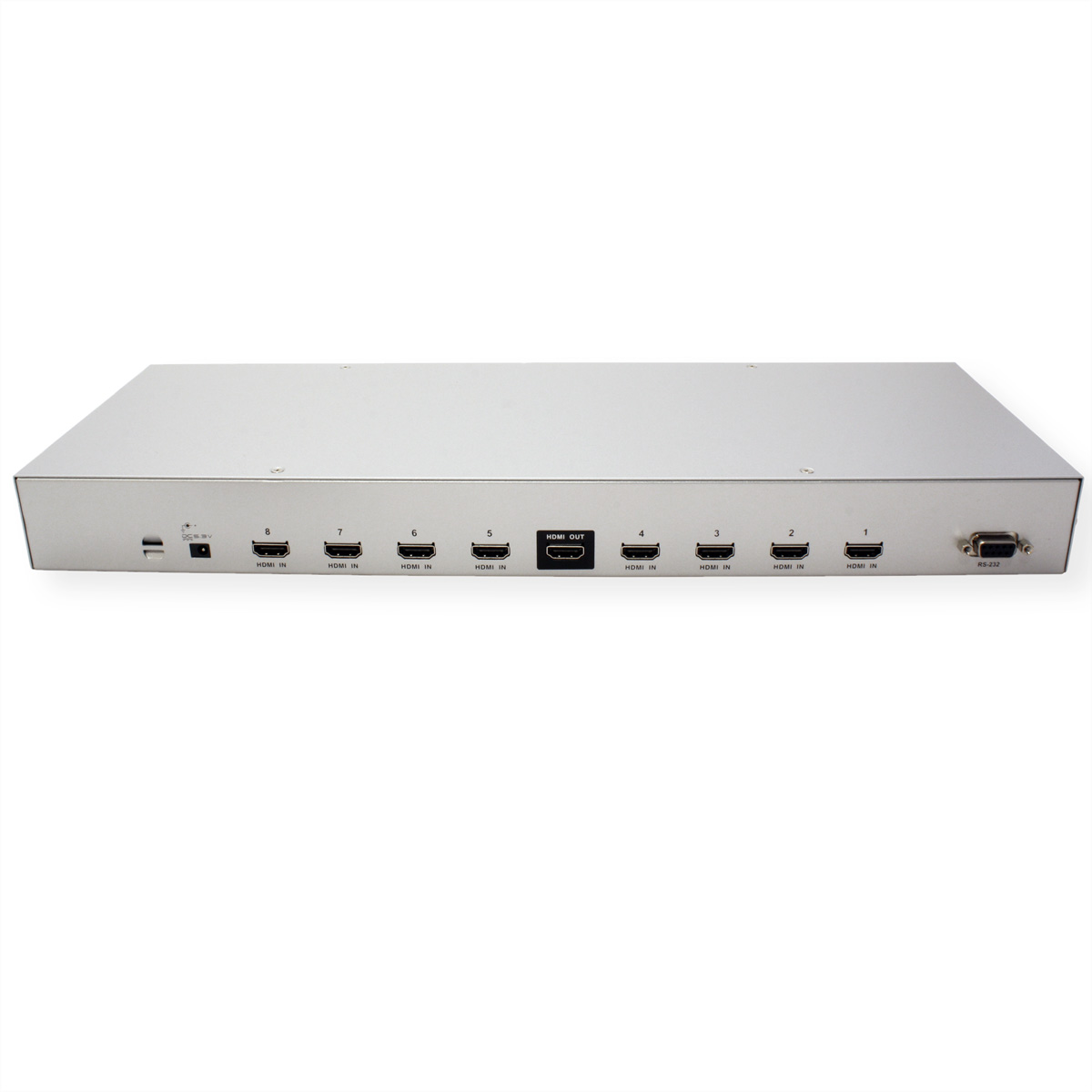 Silberner AV-Receiver mit HDMI-Anschlüssen. Er hat Eingangs- und Ausgangsanschlüsse.