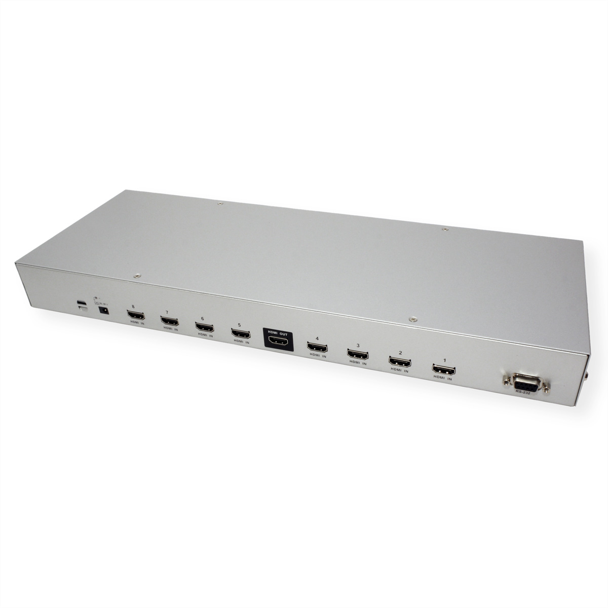 Silberner rechteckiger Video-Splitter mit mehreren HDMI-Anschlüssen und VGA-Anschluss.