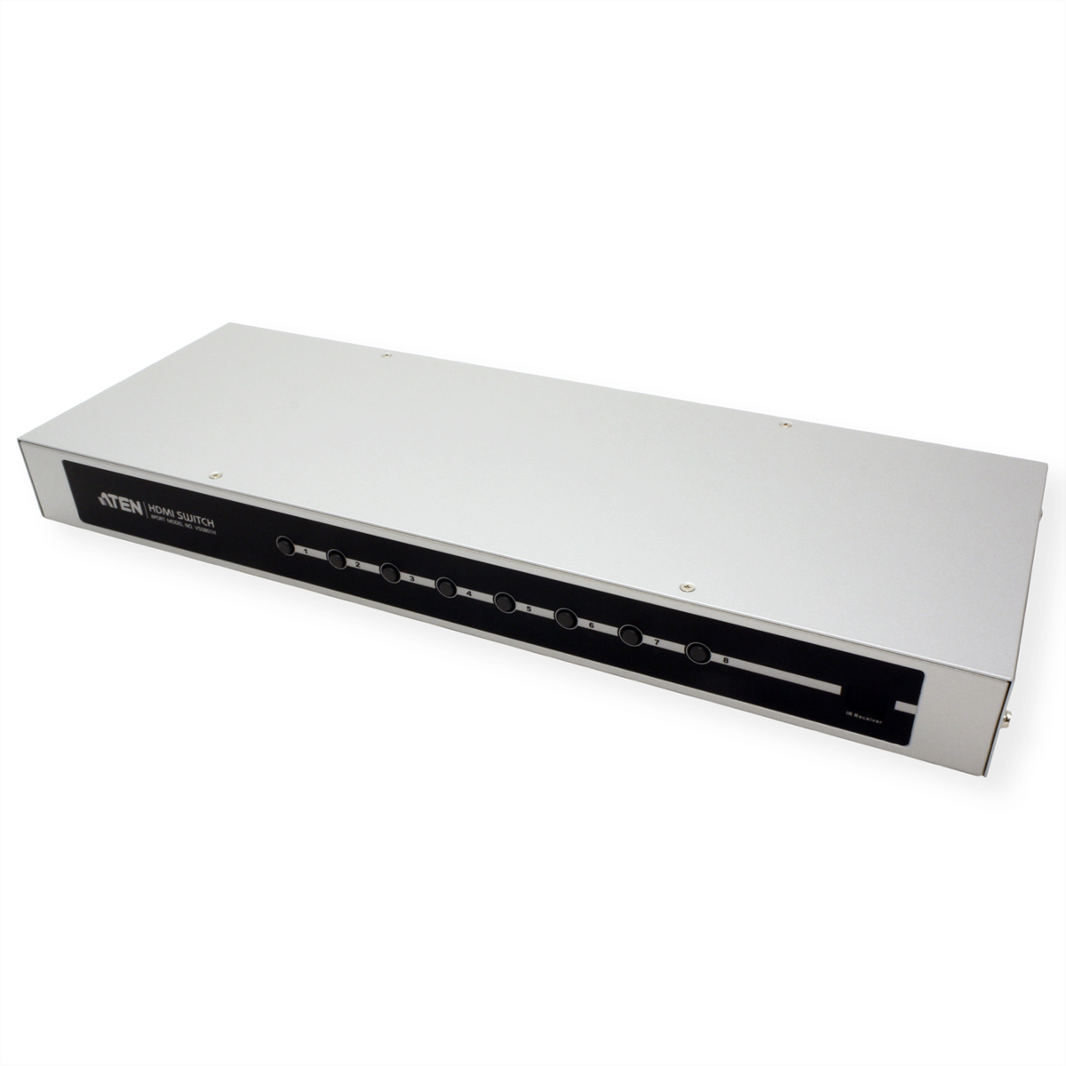 Silberner HDMI-Switch mit 8 nummerierten Ausgangsanschlüssen. Schwarze Vorderseite und weißer Hintergrund.