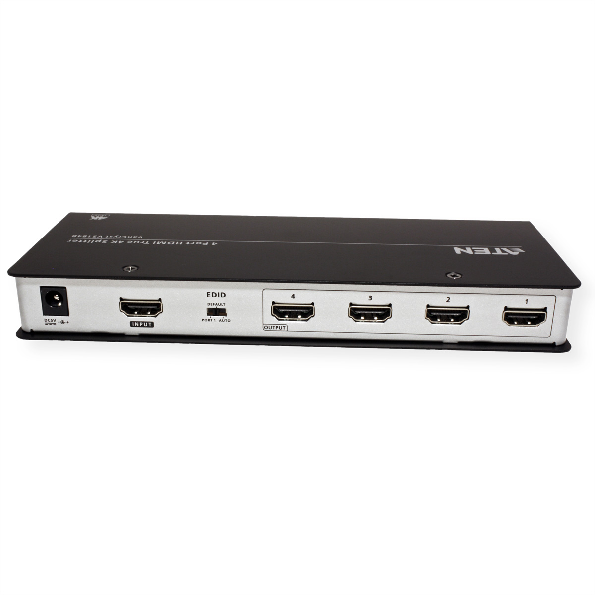 Schwarzer Videosplitter. Es hat mehrere Anschlüsse: Eingang, Ausgang und HDMI.