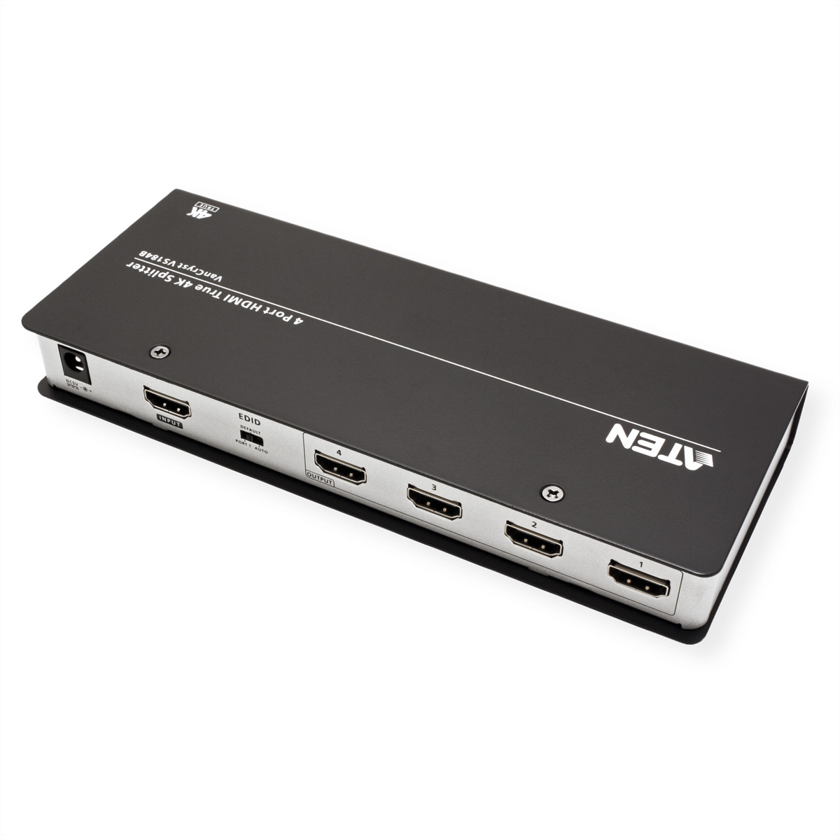 Schwarzer HDMI-Splitter mit 4 Anschlüssen. Oben steht die Marke „ATEN“. Die Anschlüsse sind mit Nummern beschriftet.