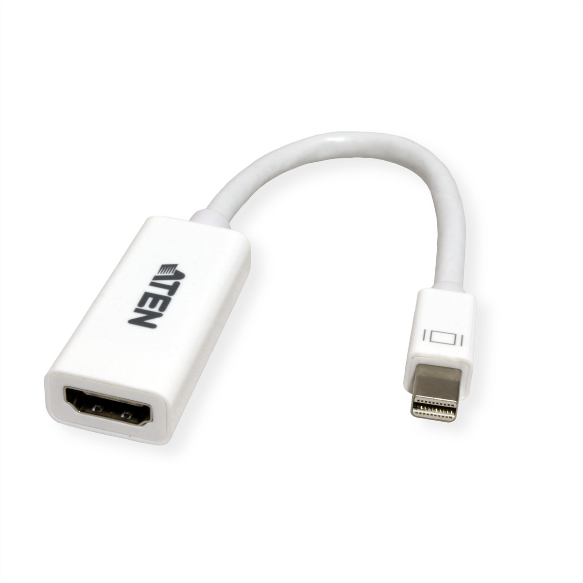 White HDMI to Mini DisplayPort adapter with a short cable, isolated on a white background.