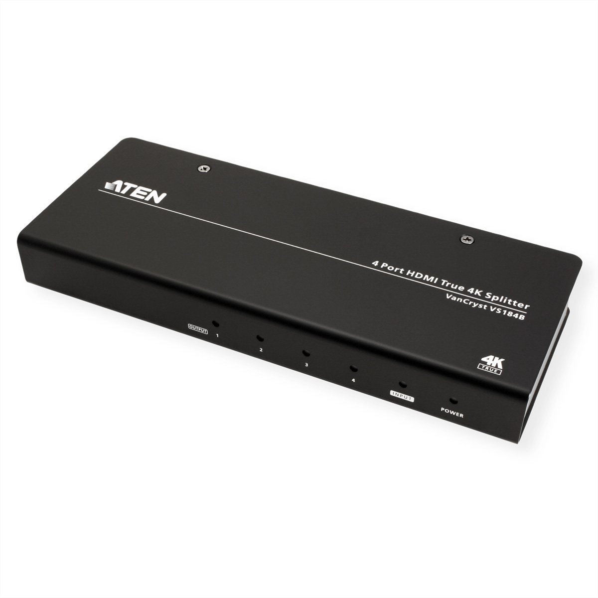 Schwarzer HDMI-Splitter mit mehreren Anschlüssen, beschriftet mit Text und Symbolen, auf weißem Hintergrund.