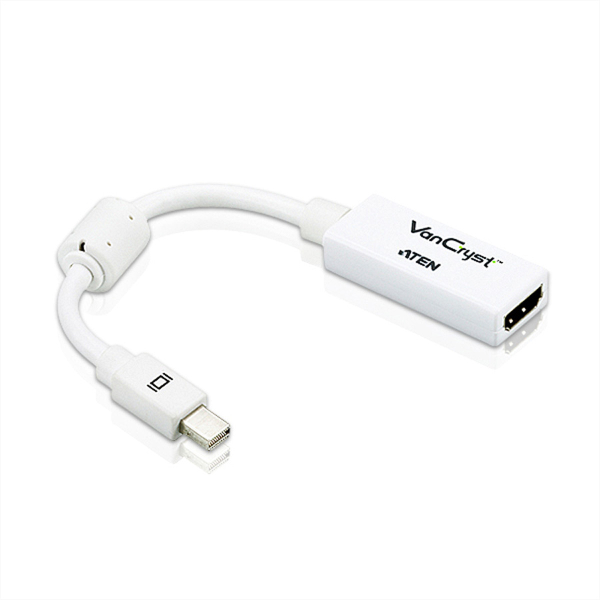 White adapter cable with a mini-display port and a HDMI connector. White background.