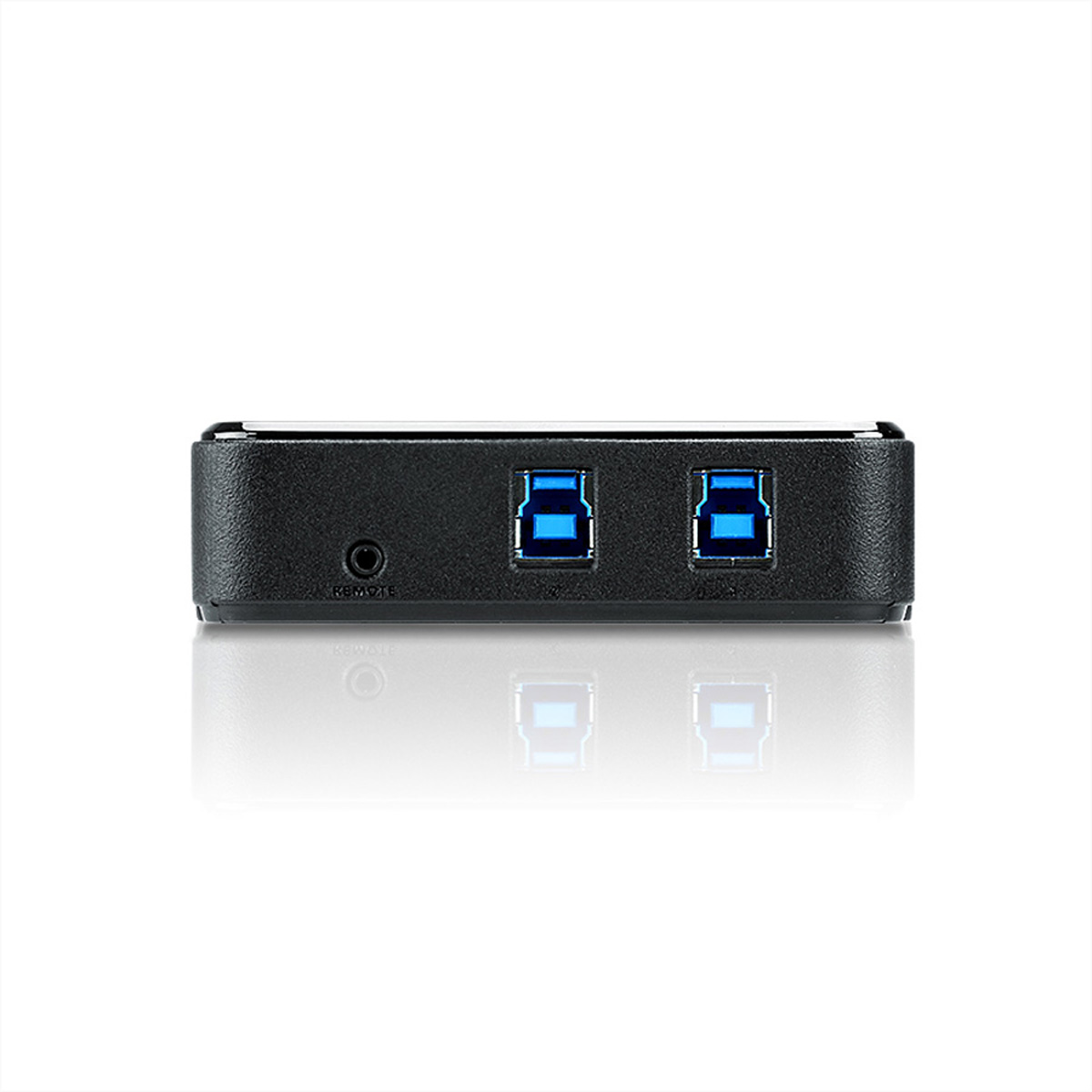A black USB hub with two USB ports. White background.