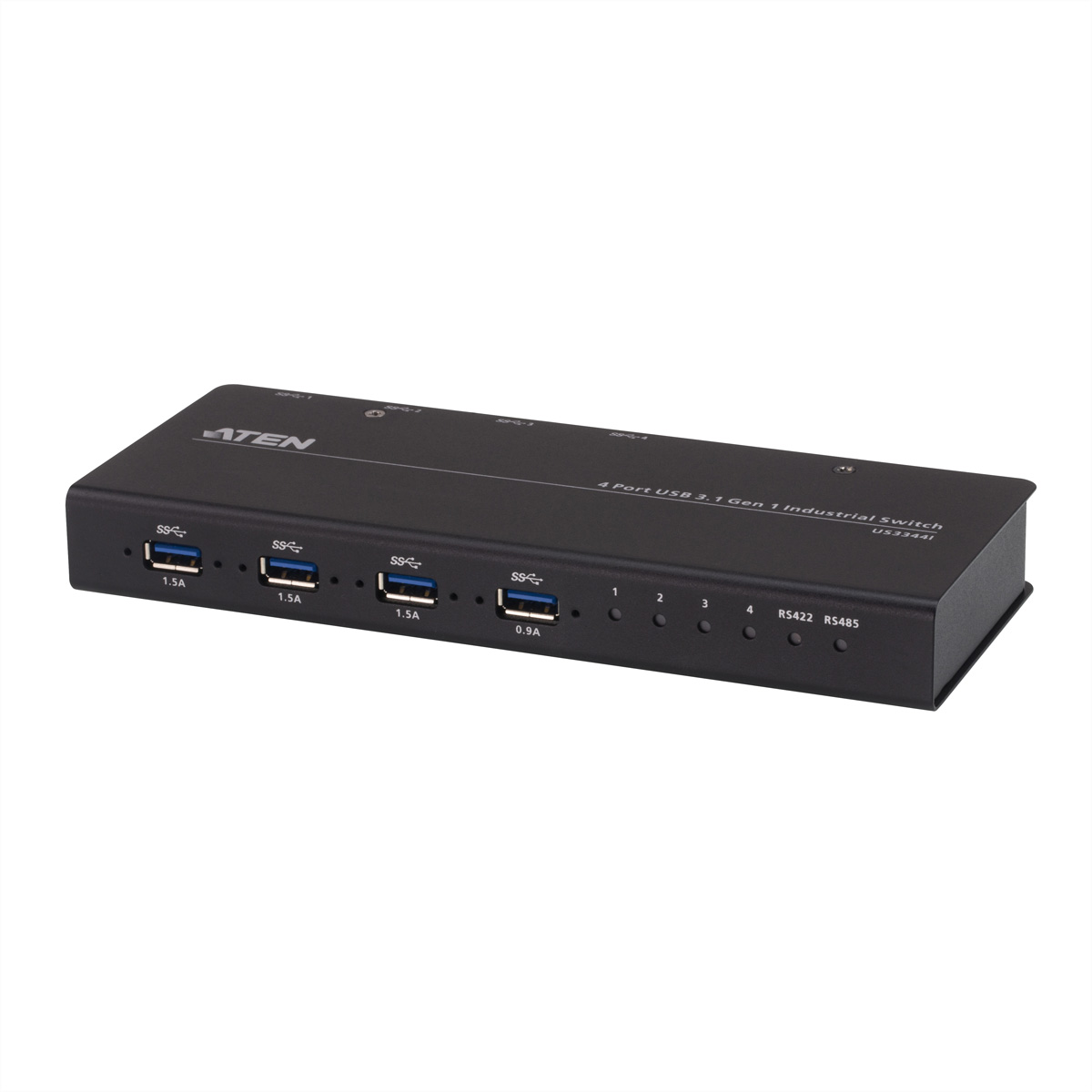 Zwarte industriële switch met USB-poorten. Het heeft meerdere in- en uitgangen en een label met ATEN.