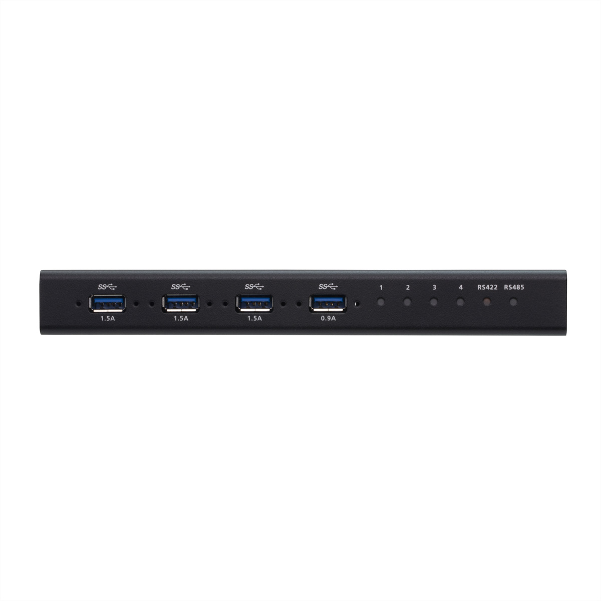 Zwarte USB-hub met meerdere USB-poorten en labels met tekst.