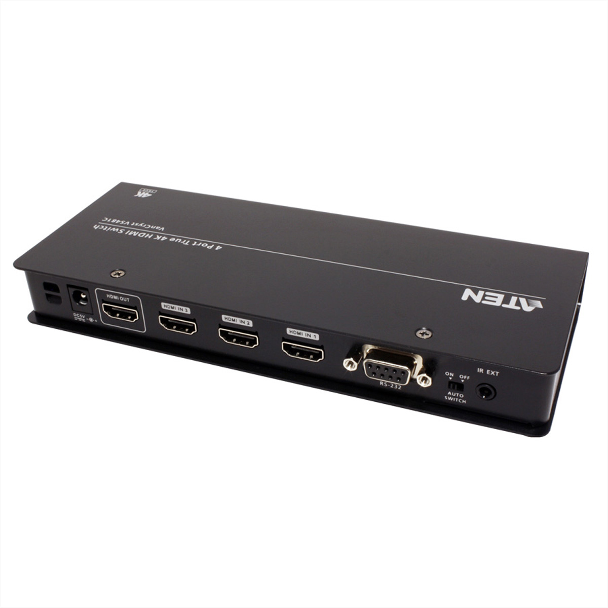 Black 4-port HDMI switch with multiple ports and the ATEN logo. White background.