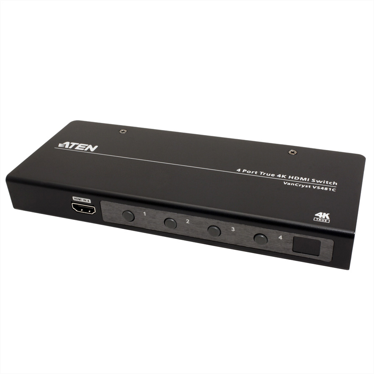 Black HDMI switch with ATEN logo and buttons labeled 1, 2, 3, 4. White background.