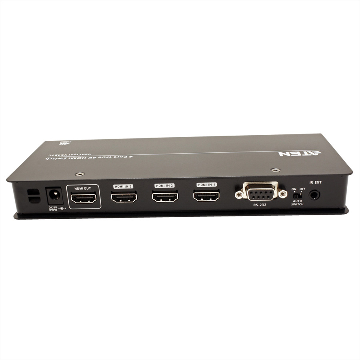 Black ATEN 4-port 4K HDMI switch with multiple HDMI ports, RS-232, and other connection ports. It is on white.