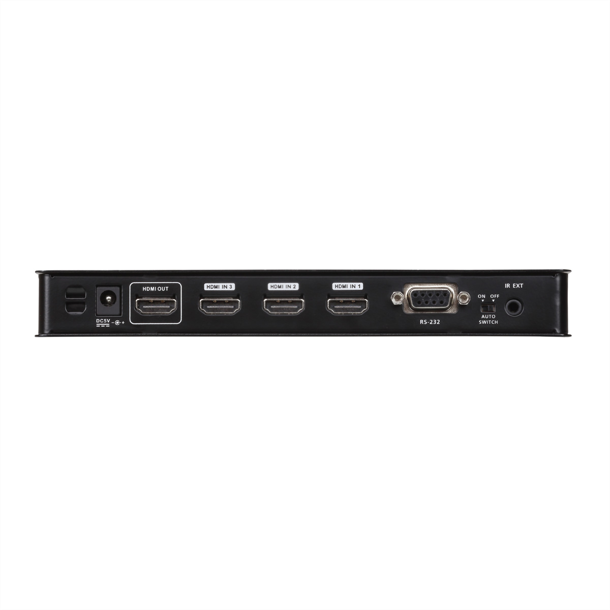 Black video splitter, back side view. It has multiple HDMI and other ports.