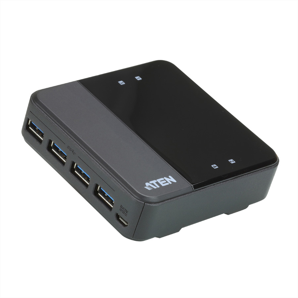 Zwarte USB-hub. Rechthoekig met 4 USB-poorten en het ATEN-logo. DC-poort zichtbaar op de zijkant.