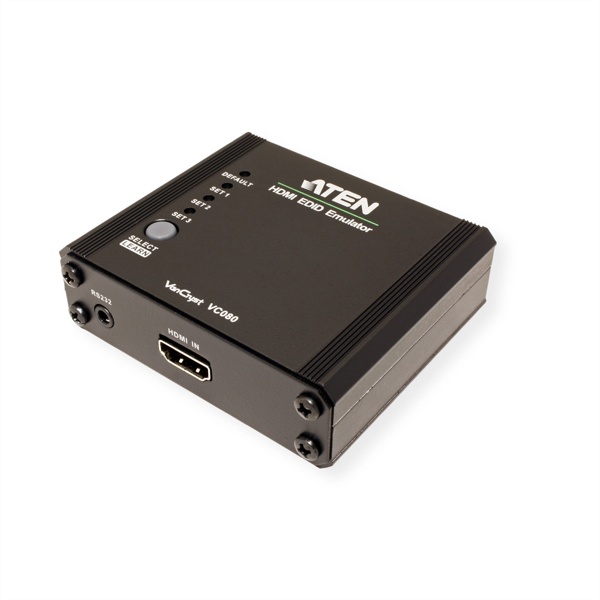 Black HDMI EDID emulator with the ATEN logo, various ports, and button controls, isolated on white.