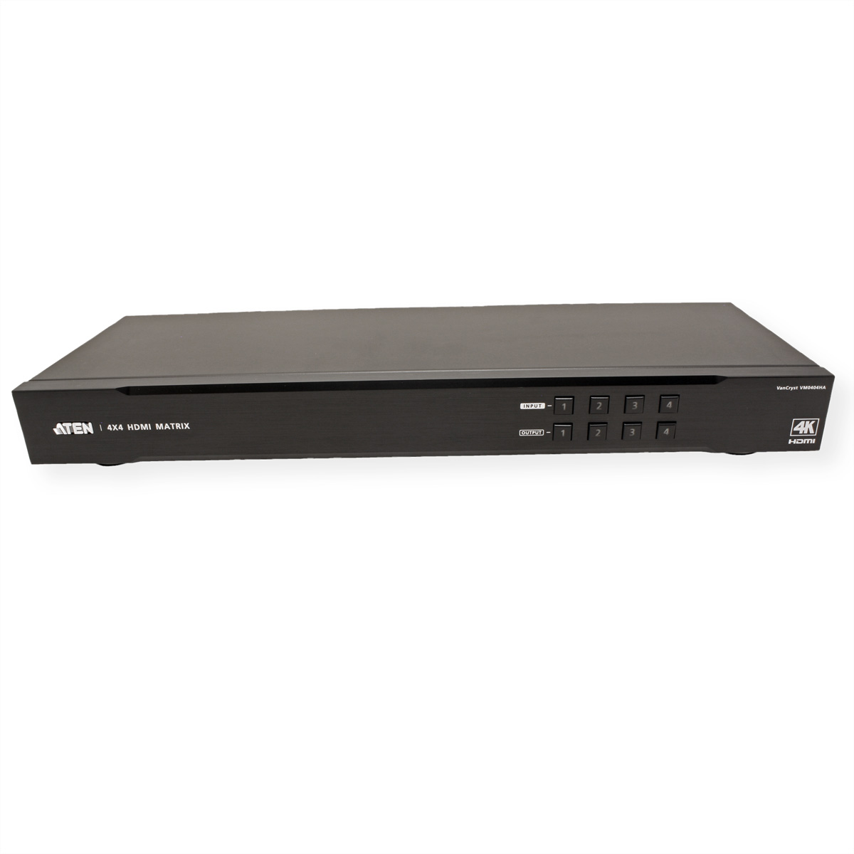 Dispositivo nero con pulsanti di ingresso e uscita, con etichetta matrice HDMI 4K.