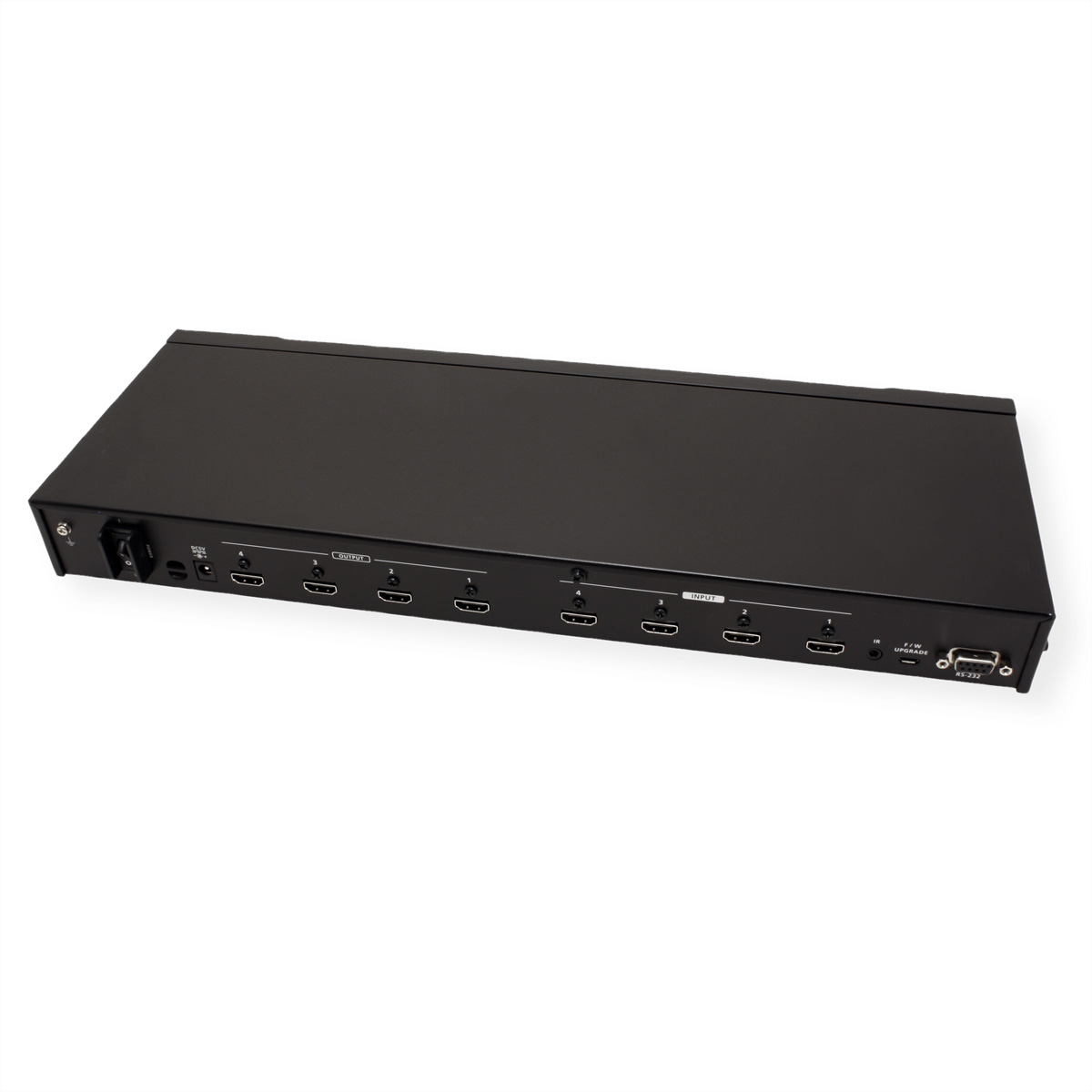 Un dispositivo nero con porte HDMI. È su uno sfondo bianco. Ha più porte di ingresso e uscita.