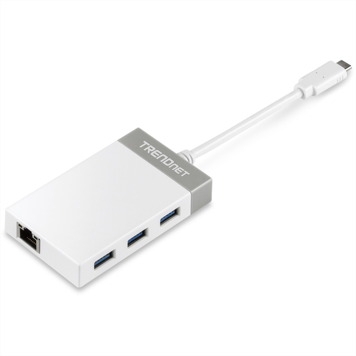 Ein weiß-grauer Trendnet USB-Hub. Der Hintergrund ist weiß.