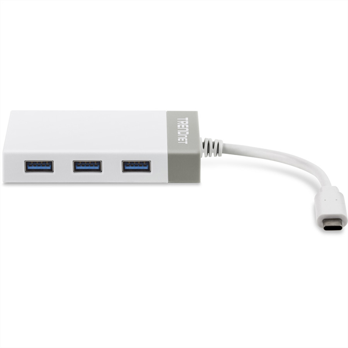 Ein weiß-grauer USB-Hub mit einem USB-C-Kabel.