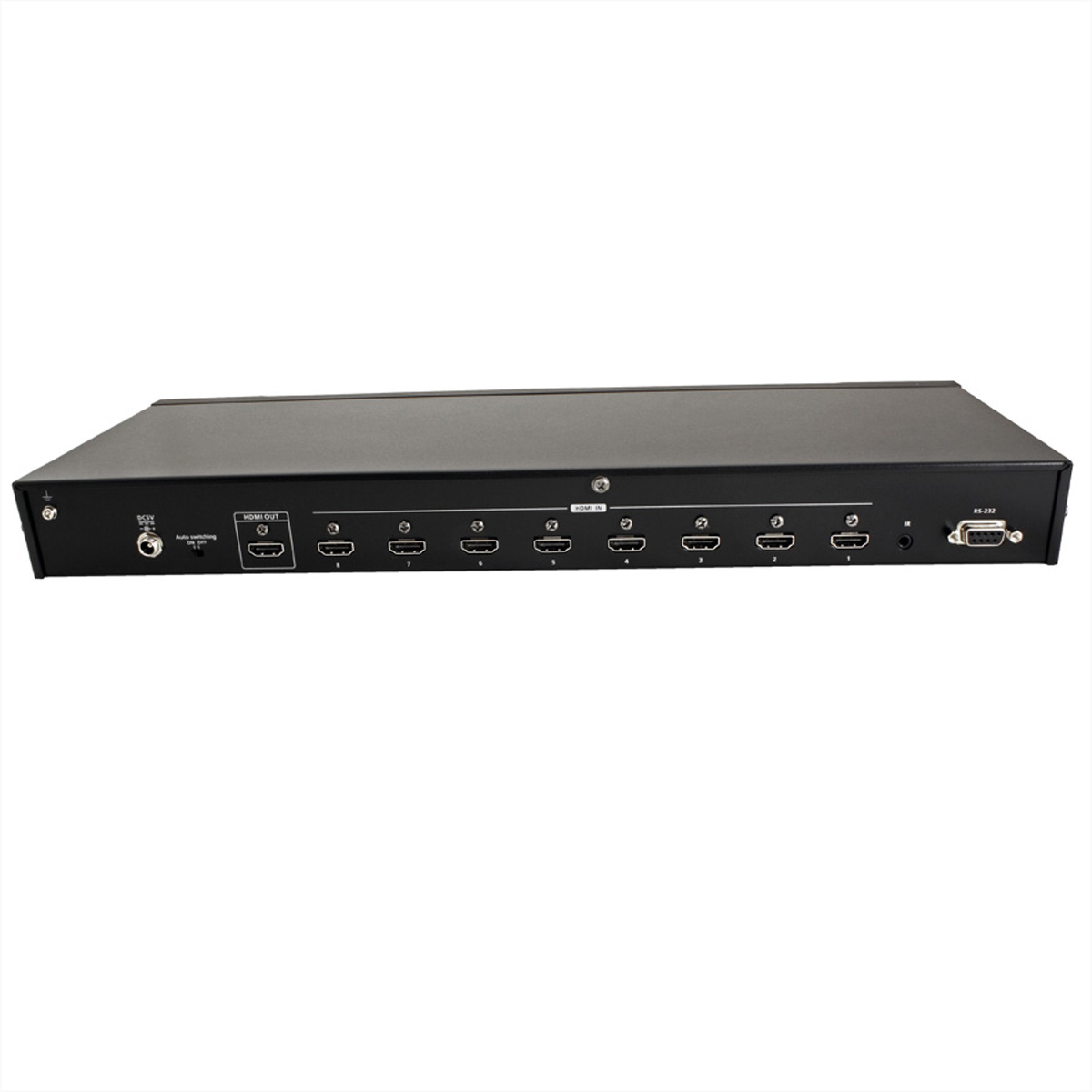 Schwarzer HDMI-Umschalter mit Anschlüssen.