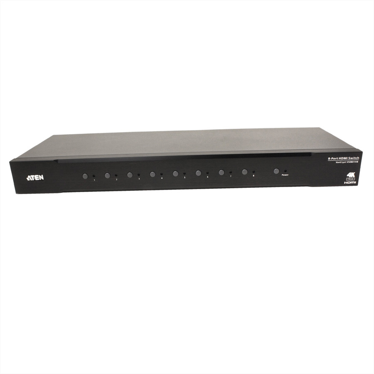 Schwarzer HDMI-Switch mit Knöpfen und dem Markennamen ATEN.