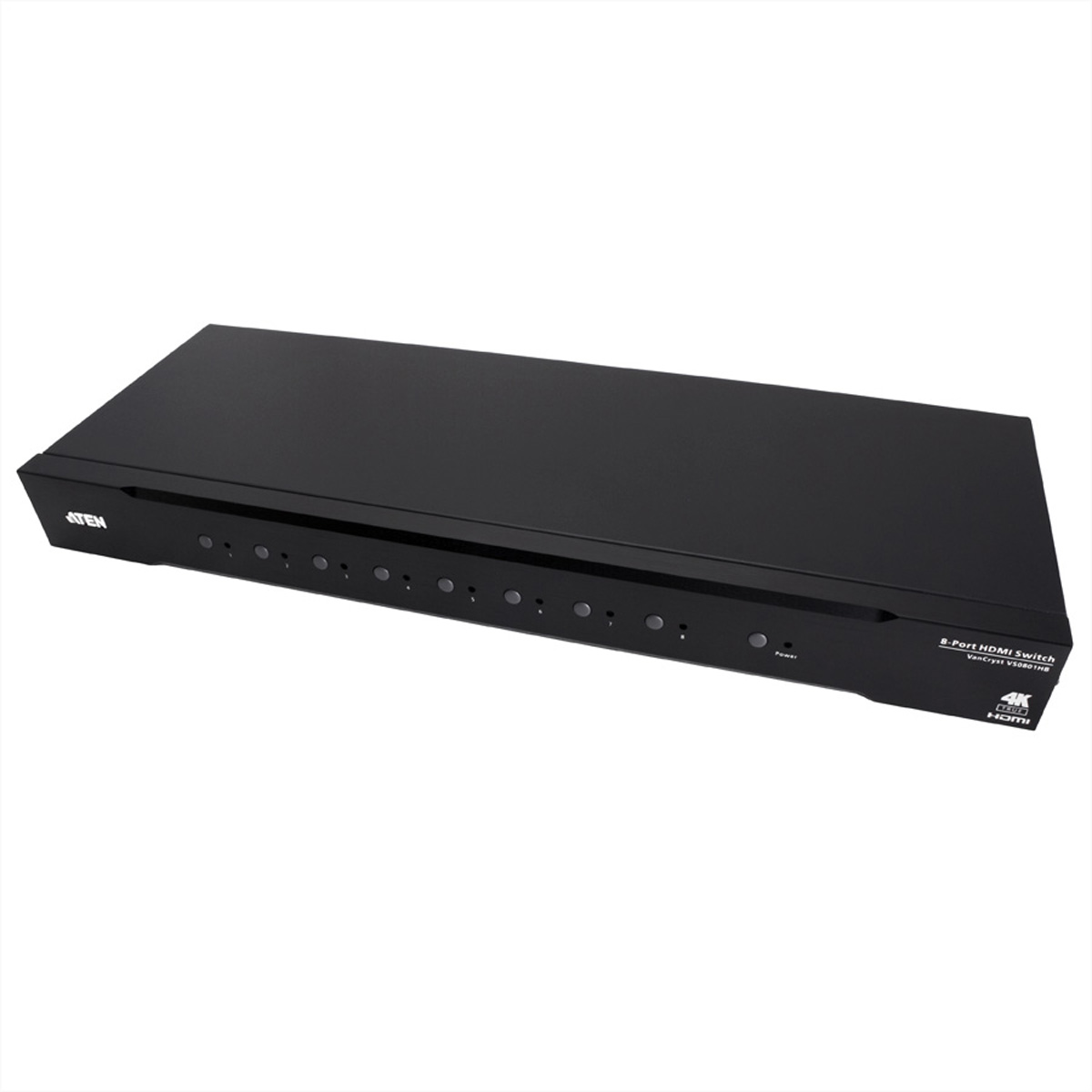 Ein schwarzer 8-Port-HDMI-Switch. Der Switch hat eine Strom- und andere Tasten.