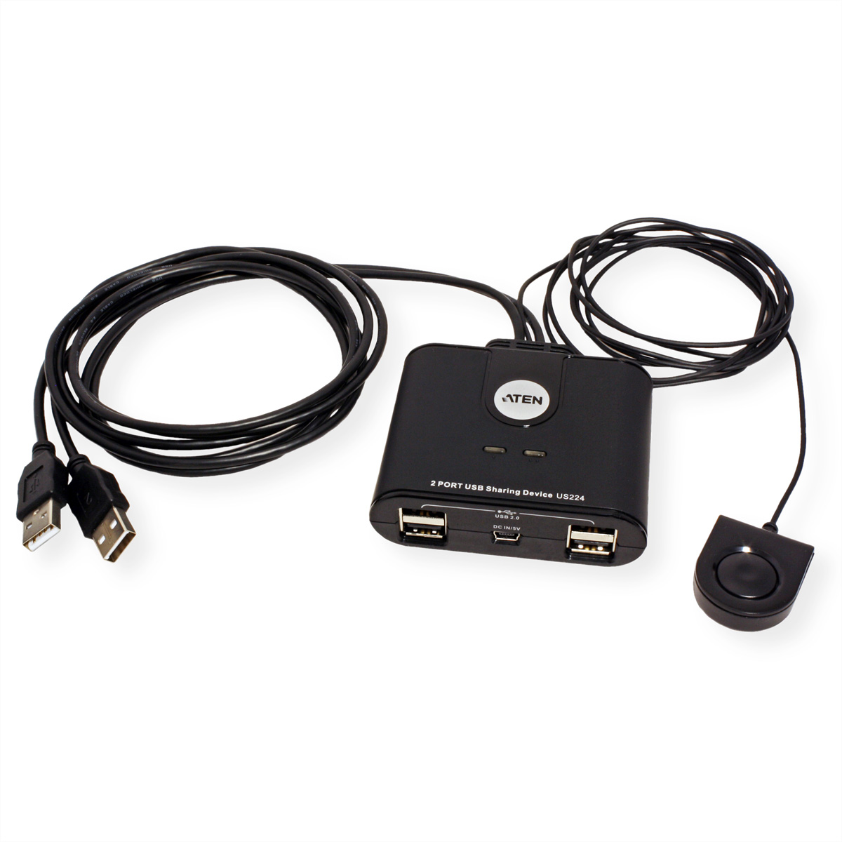Ein schwarzes USB-Sharing-Gerät mit zwei USB-Anschlüssen und einem angeschlossenen Trackball.