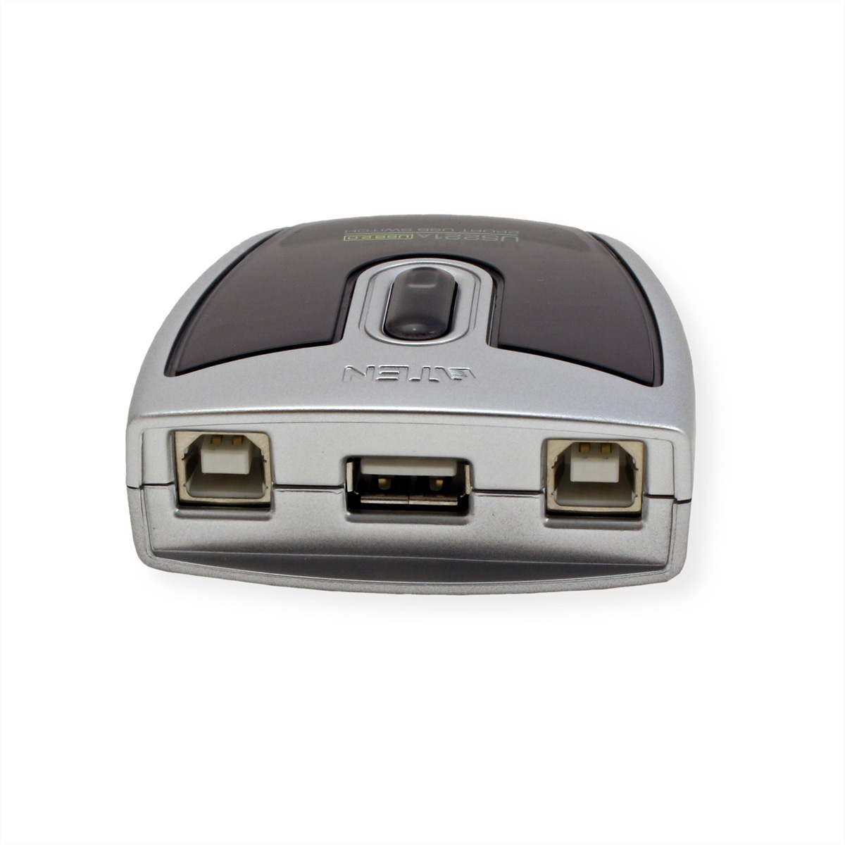 Een zilveren USB-switch met USB-poorten aan de voorkant. Het apparaat staat op een witte achtergrond.