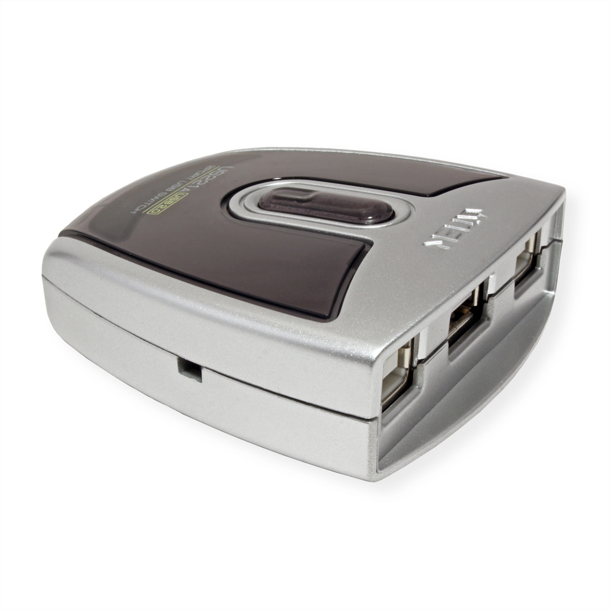 Een zilveren USB-hub met vier poorten, getoond op een witte achtergrond.