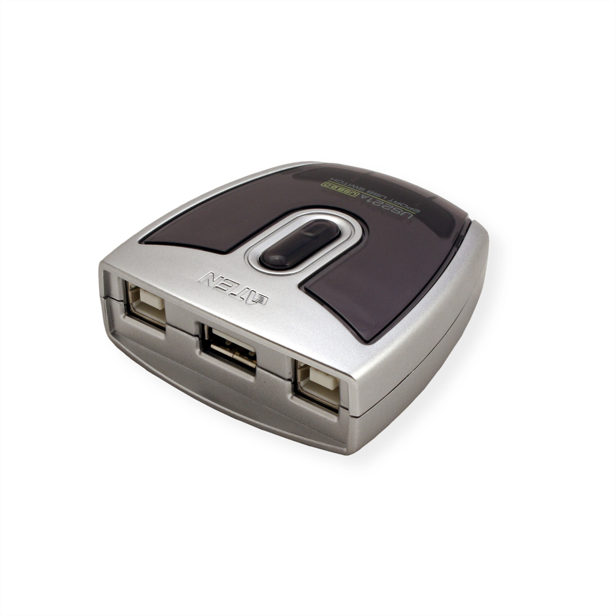Een zilverzwarte USB 2.0 VGA-switcher met twee USB-poorten.