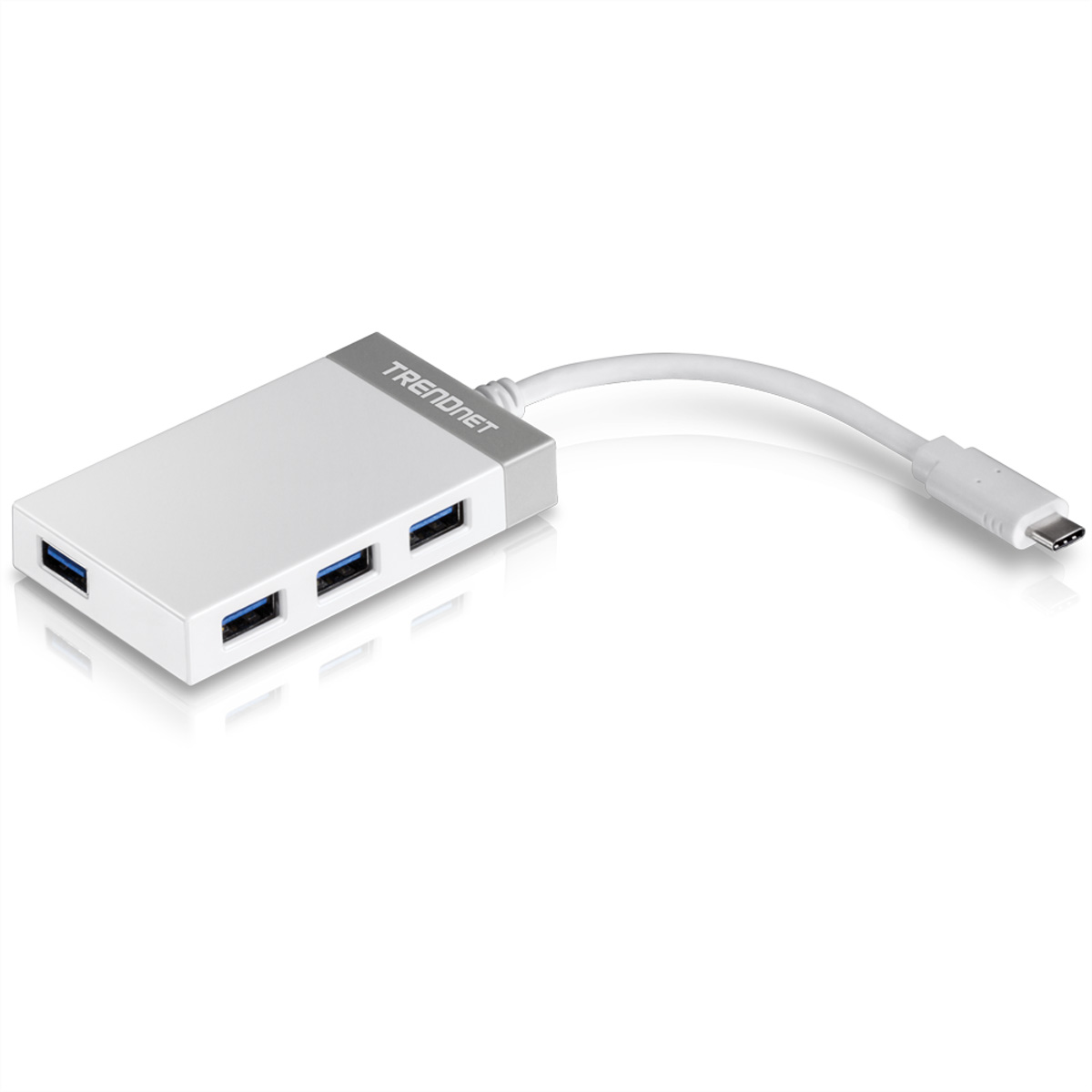 Weißer USB-C-Hub. Er hat 4 USB-Anschlüsse. Die Marke Trendnet ist sichtbar.