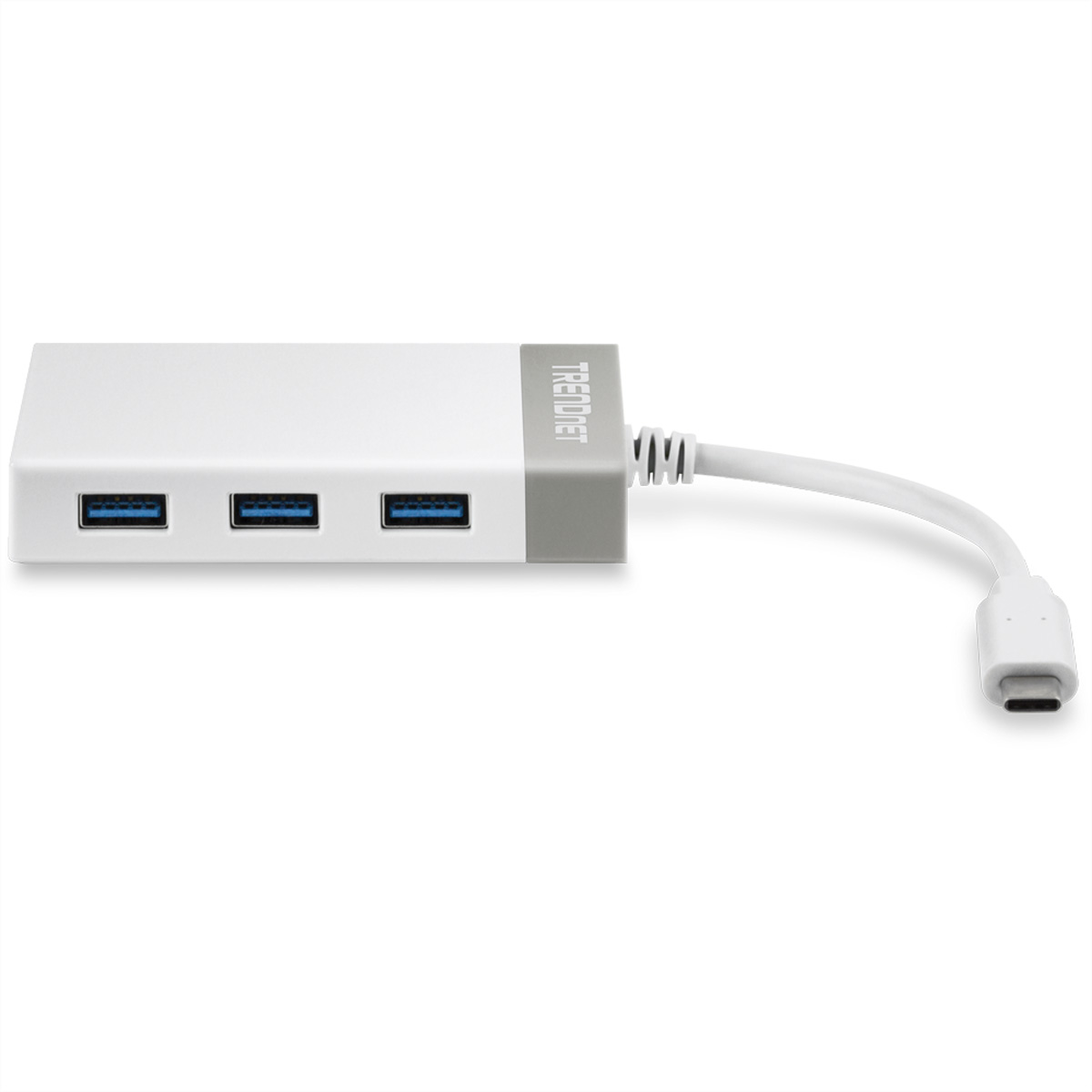 Weißer USB-Hub mit USB-Anschlüssen und angeschlossenem Kabel, vor weißem Hintergrund.