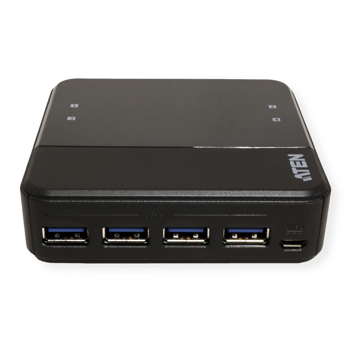Black USB hub with four ports, white background.