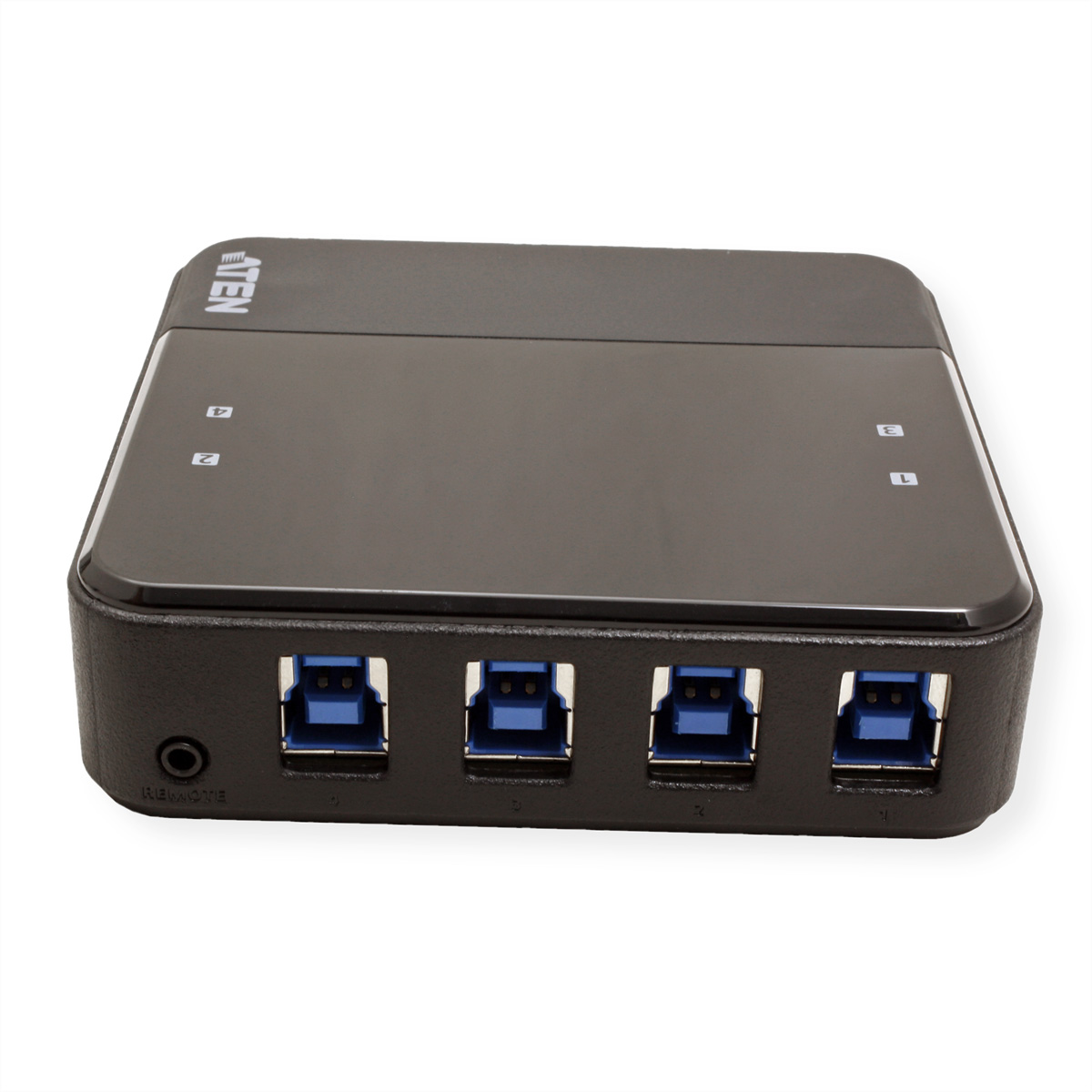 Black USB hub with 4 USB ports and a headphone jack on the side. White background.