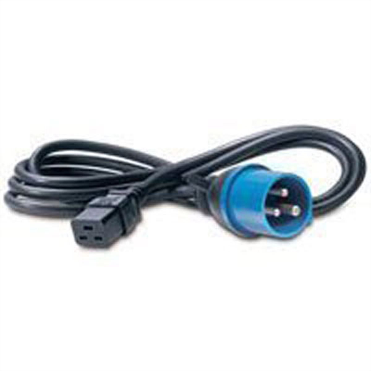 Schwarzes Netzkabel mit blauem Stecker an einem Ende und einem dreipoligen Stecker am anderen.