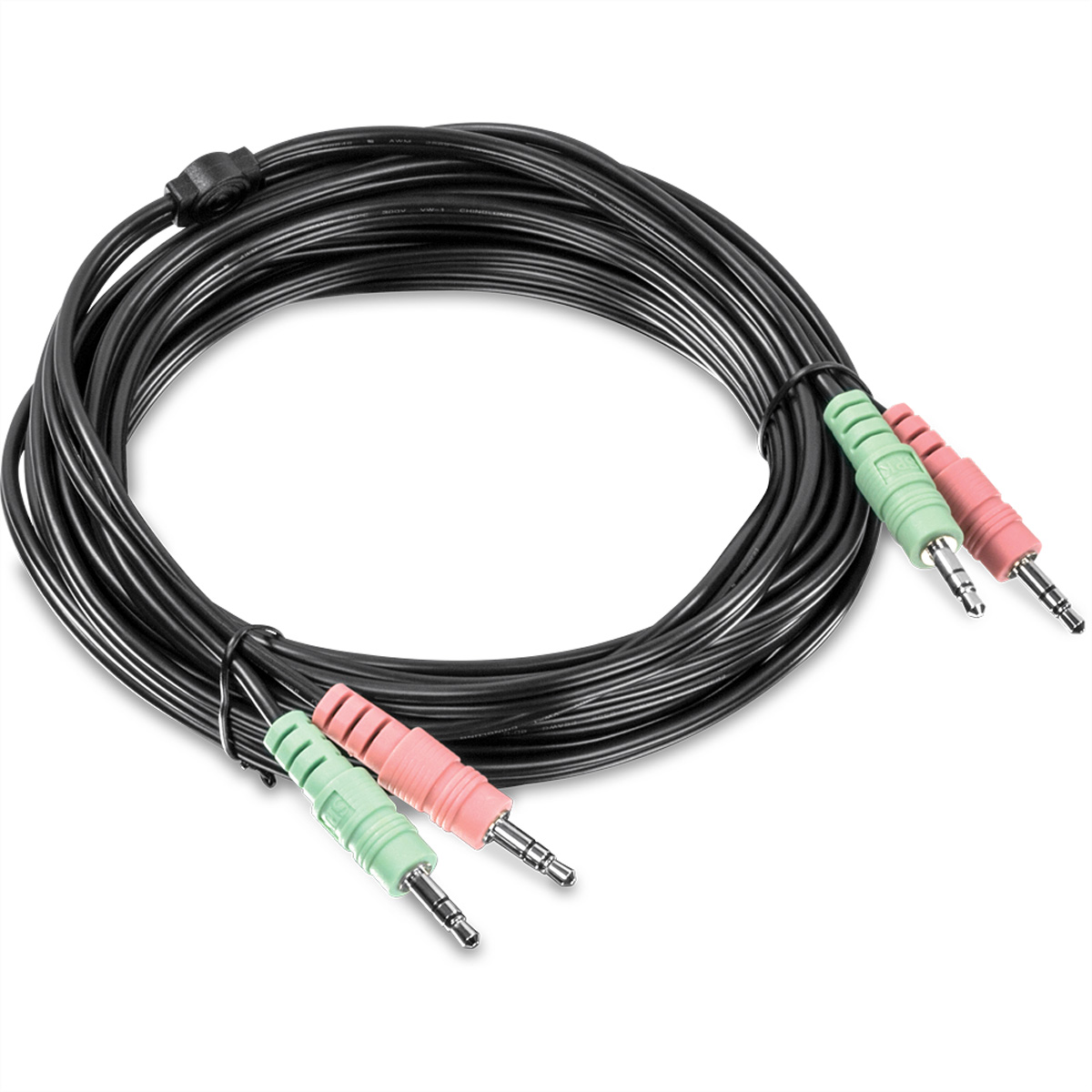 Schwarze Audiokabel mit grünen und rosa Steckern. Kabel sind aufgerollt und auf weißem Hintergrund.